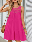 FJØRNA lace patch halter A-line dress in rose color, featuring a fitted bodice and flowing skirt, perfect for elegant occasions.