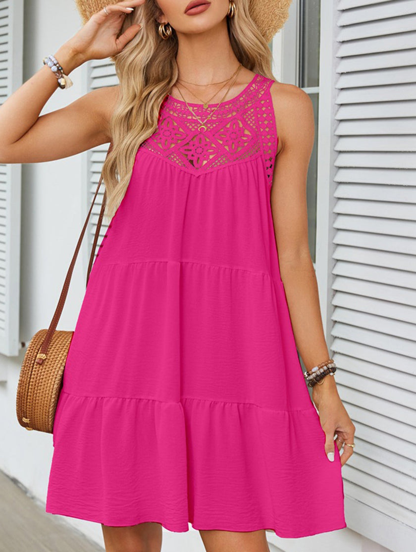 FJØRNA lace patch halter A-line dress in rose color, featuring a fitted bodice and flowing skirt, perfect for elegant occasions.