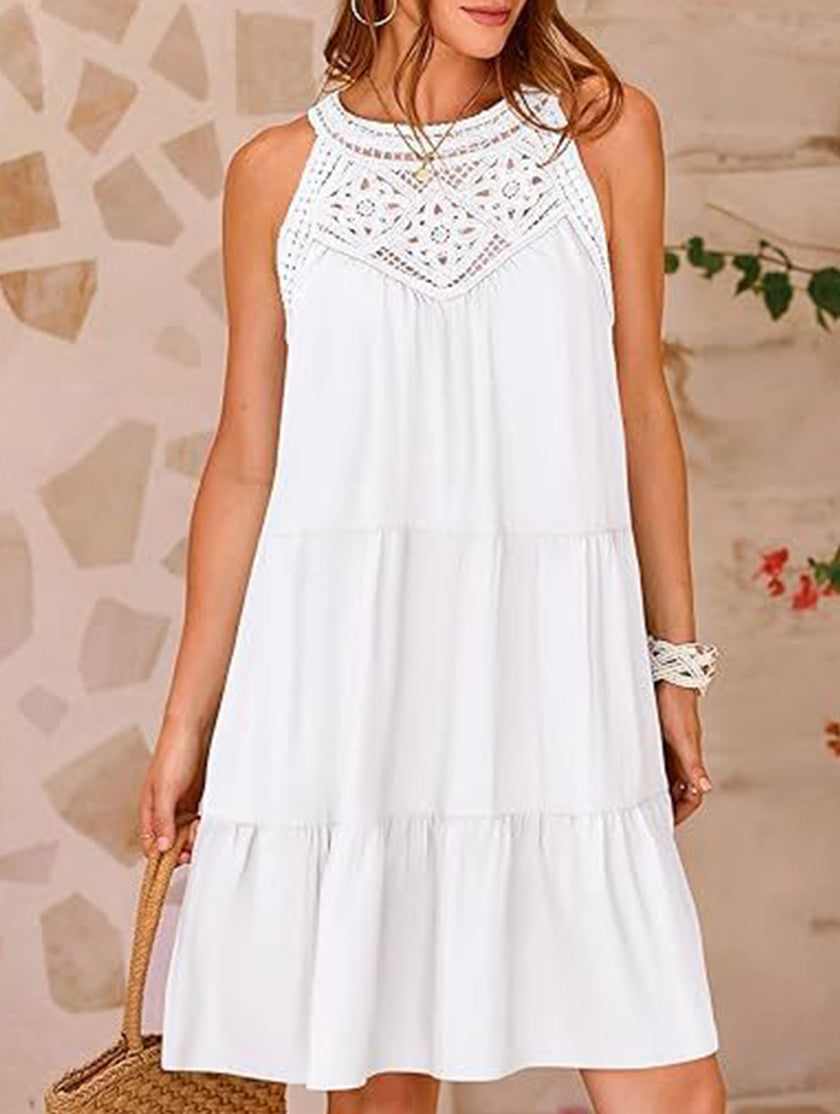 White lace patch halter A-line dress by FJØRNA featuring a fitted bodice and flowing skirt, perfect for elegant occasions.