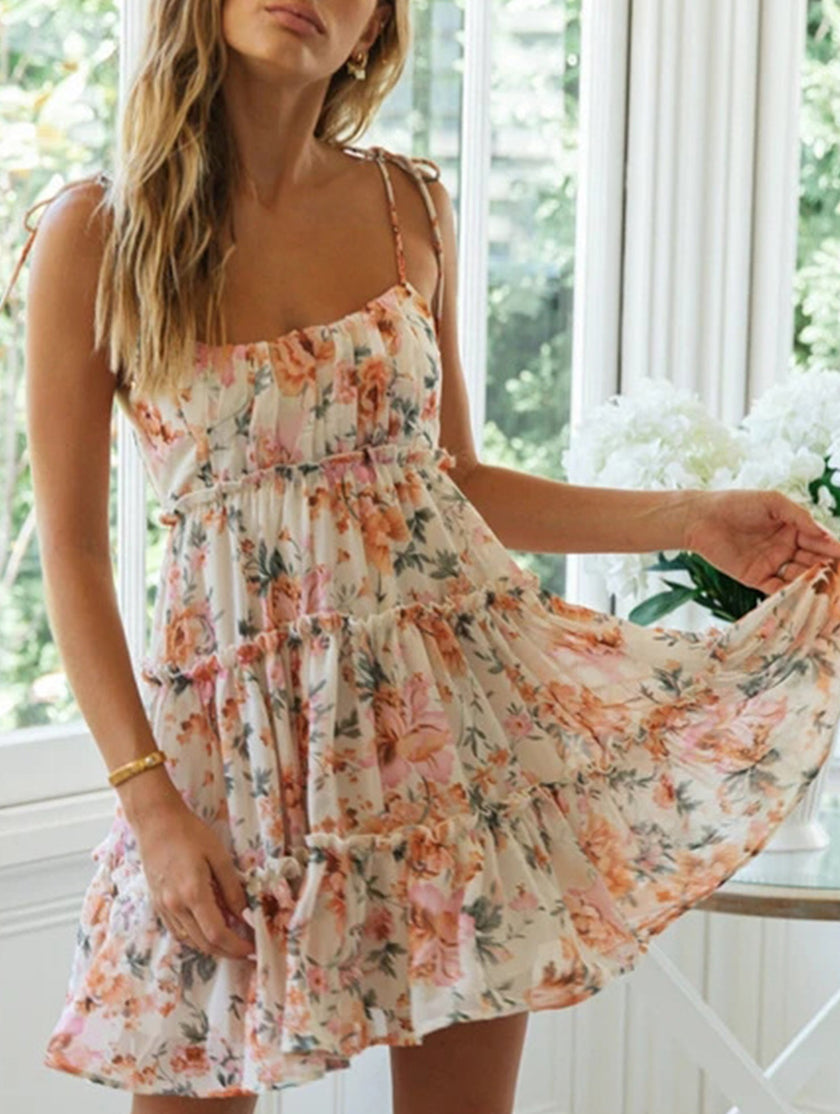 FJØRNA resort style white short dress with sexy print, high-end design, perfect for summer or casual occasions