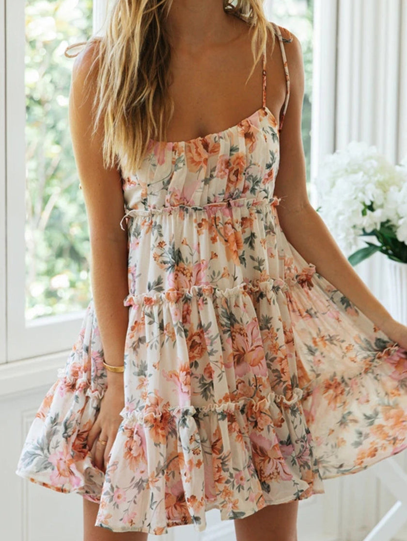 FJØRNA resort style white high-end short dress with sexy print, perfect for summer or casual occasions.