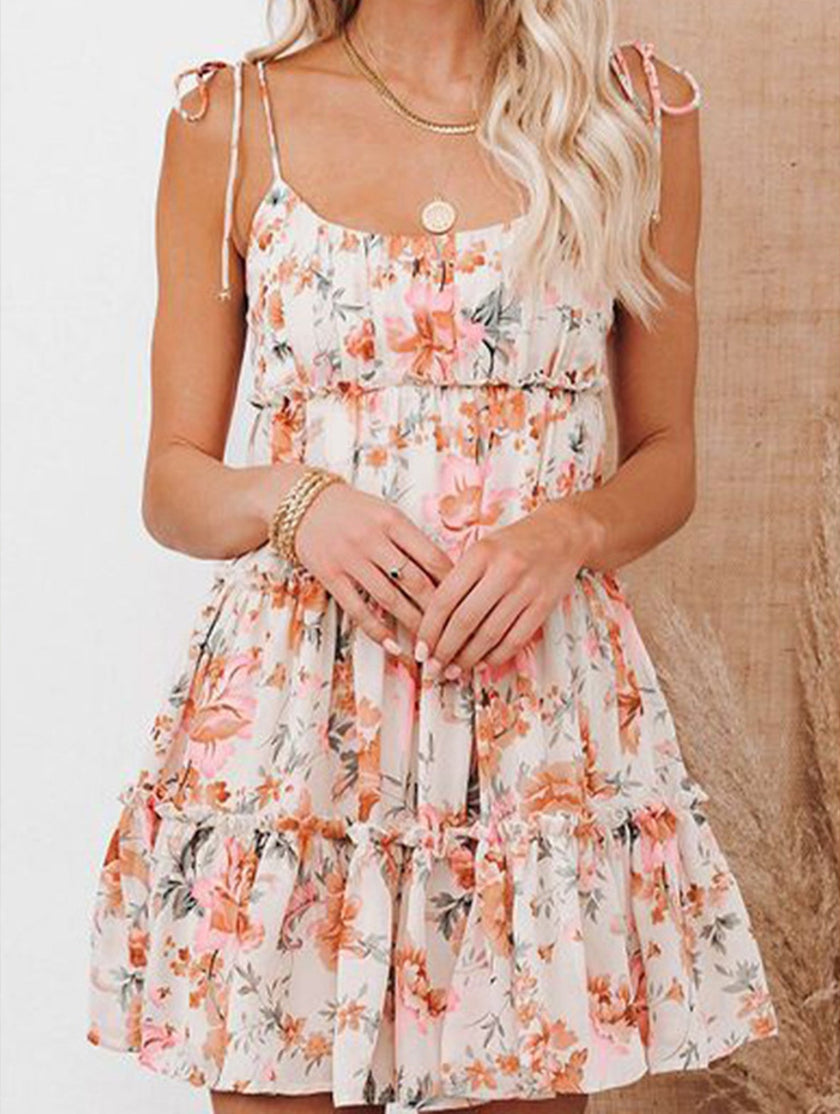FJØRNA casual floral print short sleeve dress with orange floral pattern, perfect for casual or wedding occasions.