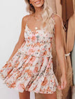 FJØRNA casual floral print short sleeve dress, perfect for casual weddings, with vibrant orange and lightweight fabric.