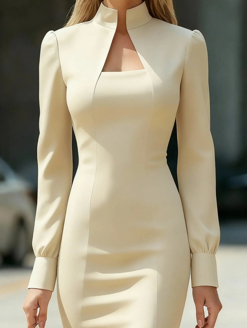 FJØRNA high neck long sleeve slim fit white dress, elegant and form-fitting, displayed on a mannequin.