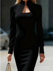 Black FJØRNA high neck long sleeve slim fit dress displayed on a mannequin, showcasing its sleek design and fitted silhouette.