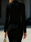 FJØRNA white high neck long sleeve slim fit dress shown on a model, elegant and form-fitting design for sophisticated style
