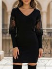 Black V neck lace patchwork printed dress by FJØRNA, featuring intricate lace details and a stylish design.