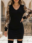 White V-neck lace patchwork printed dress by FJØRNA, featuring intricate lace details and a stylish, flowy design.