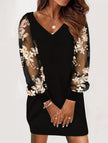 FJØRNA white V-neck lace patchwork printed dress featuring intricate lace details and a flowing silhouette.