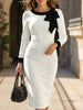 FJØRNA Bow Color Block Bodycon Work Dress in white, featuring a sleek fit and stylish design for professional or formal occasions.