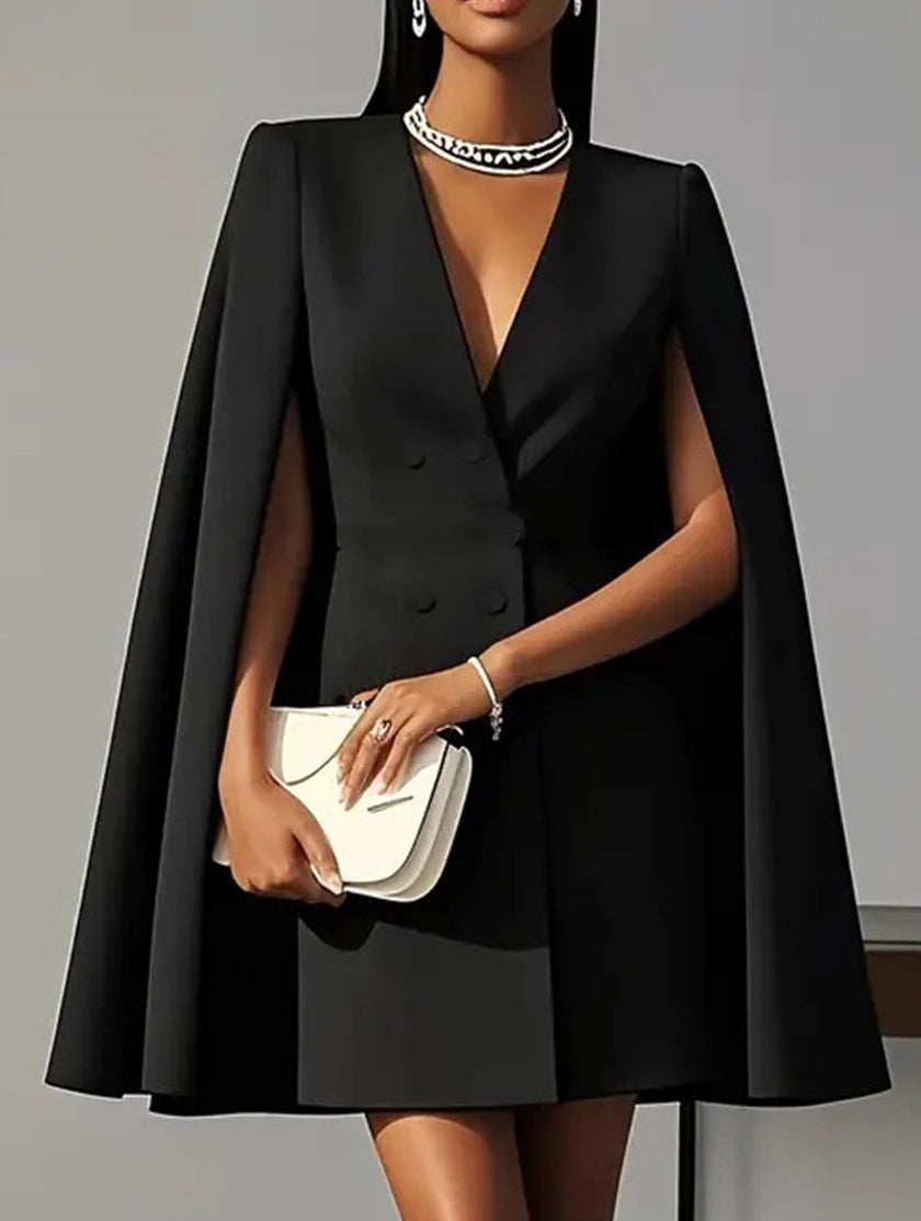 Black double-breasted cape blazer dress by FJØRNA, stylish dress with structured design and elegant silhouette.