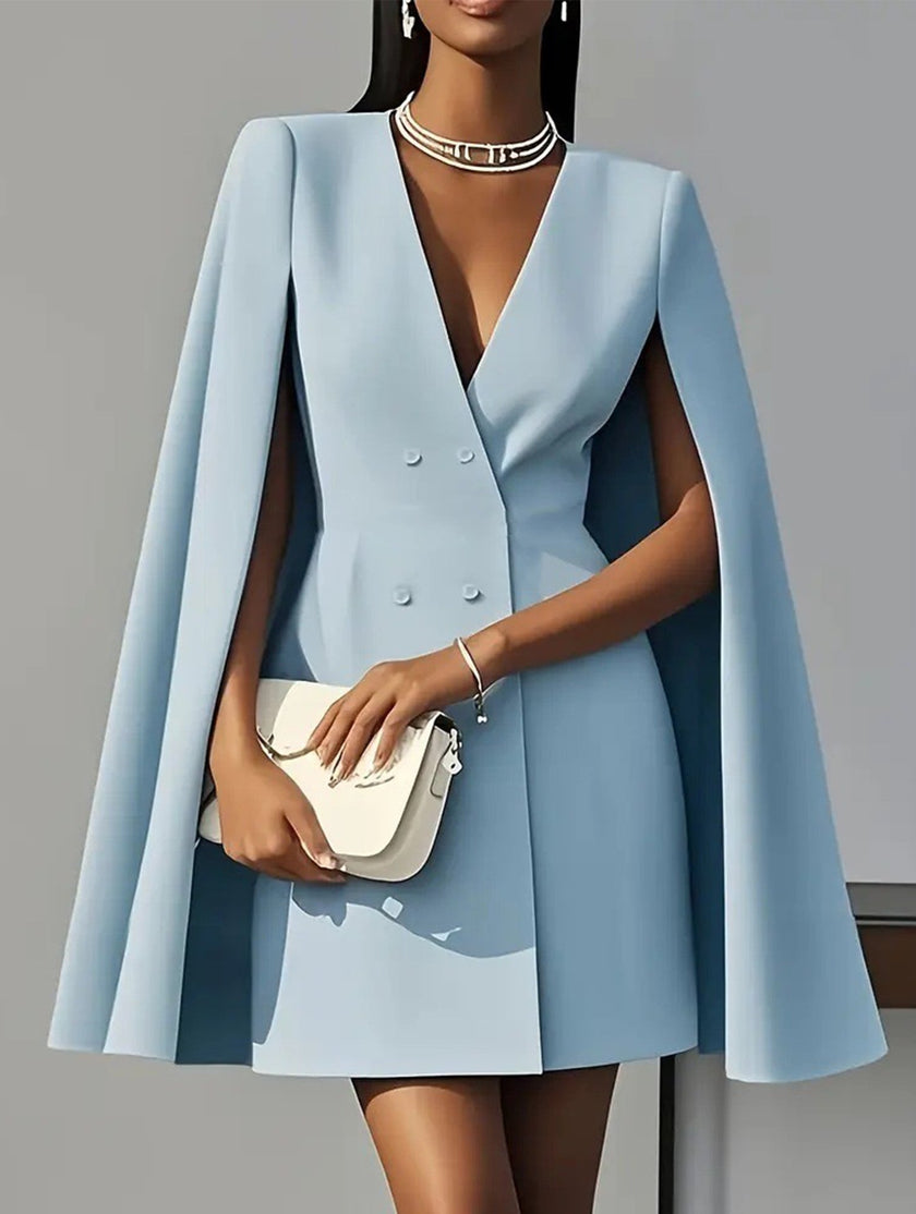 FJØRNA white double-breasted cape blazer dress, stylish dress with structured cape design, front buttons, and tailored fit.
