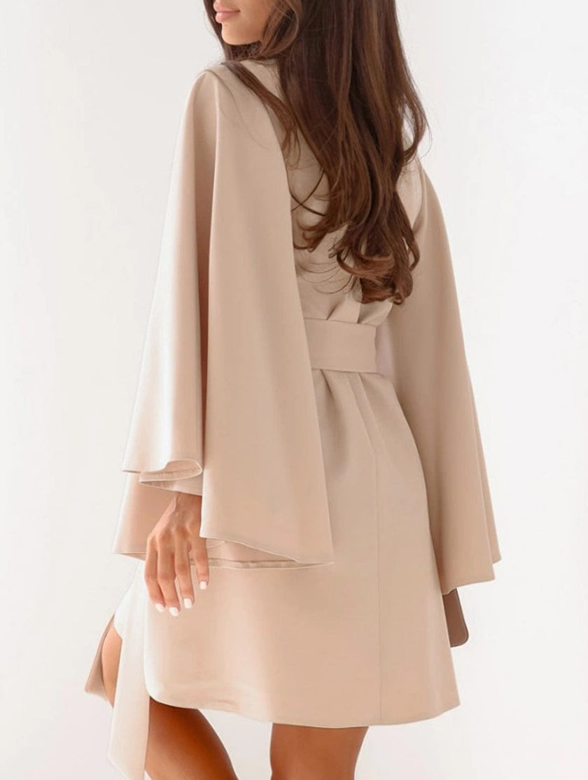 White FJØRNA round neck flare sleeve belted dress with a fitted waist and flowing skirt, perfect for casual or semi-formal wear.