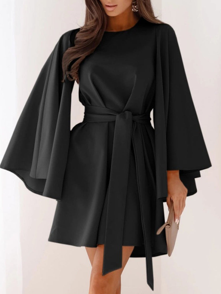 Black round neck flare sleeve belted dress by FJØRNA, featuring a stylish silhouette and elegant design.