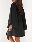 Black FJØRNA round neck flare sleeve belted dress with a stylish silhouette and elegant design, perfect for versatile occasions.