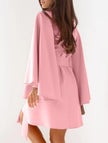 White FJØRNA round neck flare sleeve belted dress, showcasing a flowing design with stylish flare sleeves and a waist belt.