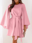 White FJØRNA round neck flare sleeve belted dress, featuring a stylish silhouette and elegant design.