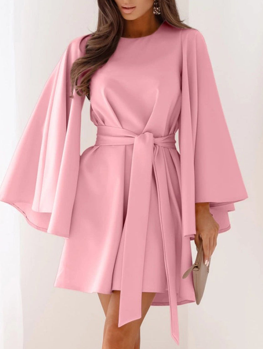 White FJØRNA round neck flare sleeve belted dress, featuring a stylish silhouette and elegant design.