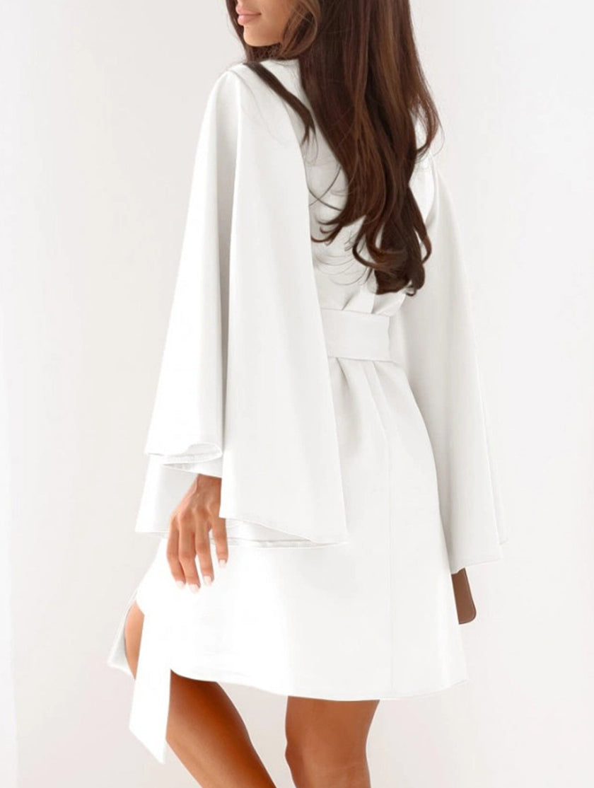 White FJØRNA round neck flare sleeve belted dress, featuring a stylish fit and elegant design, perfect for casual or semi-formal wear.
