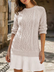 White cable knit chiffon patchwork mini dress by FJØRNA, featuring a stylish knitted top and lightweight chiffon skirt.