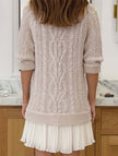 White cable knit chiffon patchwork mini dress by FJØRNA, featuring a cozy knit and lightweight chiffon fabric.