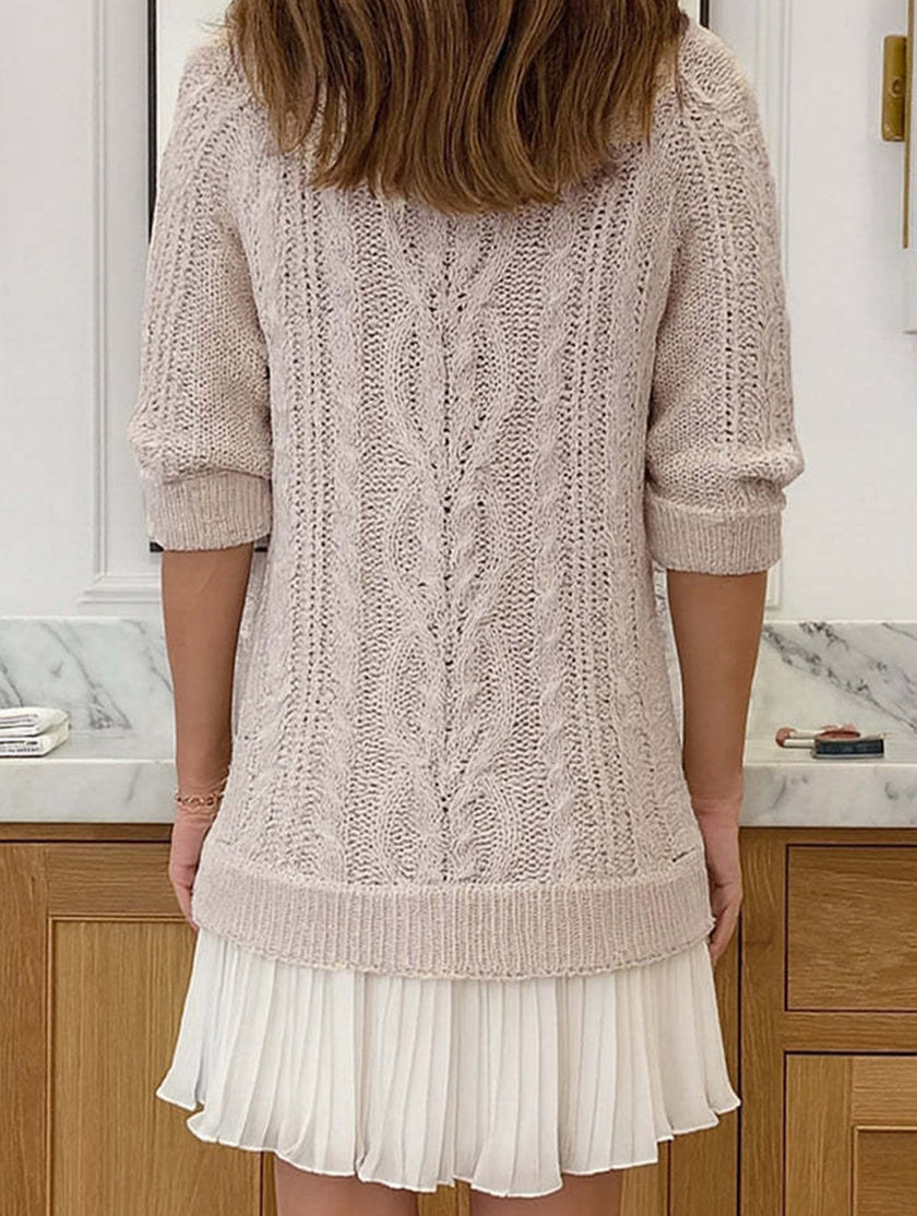 White cable knit chiffon patchwork mini dress by FJØRNA, featuring a cozy knit and lightweight chiffon fabric.