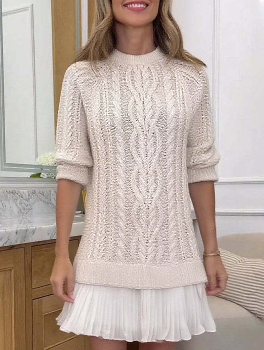 White Cable Knit Chiffon Patchwork Mini Dress by FJØRNA featuring a cozy knit and lightweight chiffon fabric.