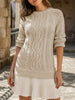 FJØRNA Cable Knit Chiffon Patchwork Mini Dress in beige, featuring a stylish mini dress with cable knit and chiffon patchwork design.