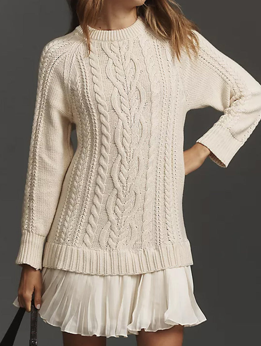 FJØRNA Cable Knit Chiffon Patchwork Mini Dress in beige, featuring a cozy cable knit bodice and lightweight chiffon skirt.
