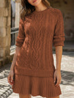 FJØRNA cable knit chiffon patchwork mini dress in dark brown featuring a fitted silhouette and stylish design.