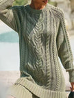 White cable knit chiffon patchwork mini dress by FJØRNA, featuring a stylish and cozy design with intricate patchwork details.