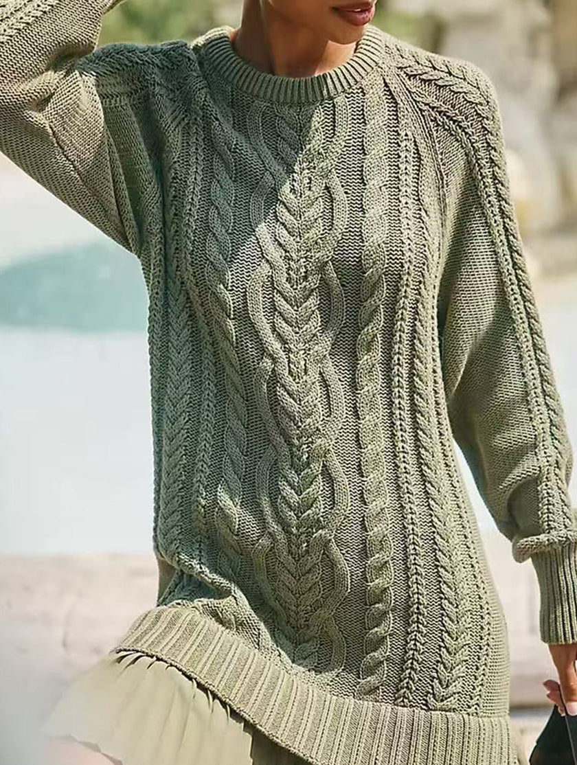 White cable knit chiffon patchwork mini dress by FJØRNA, featuring a stylish and cozy design with intricate patchwork details.