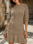 FJØRNA cable knit chiffon patchwork mini dress in white, featuring a stylish mini dress design with layered textures and a cozy knit look.