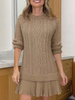FJØRNA cable knit chiffon patchwork mini dress in khaki with long sleeves and a stylish, textured design.