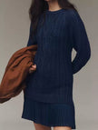 Navy cable knit chiffon patchwork mini dress by FJØRNA featuring a textured knit bodice and lightweight chiffon skirt.