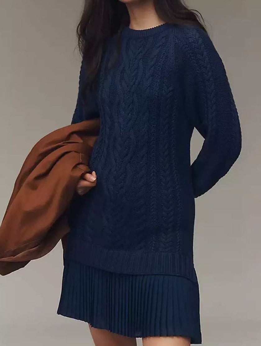 Navy cable knit chiffon patchwork mini dress by FJØRNA featuring a textured knit bodice and lightweight chiffon skirt.