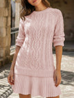 FJØRNA cable knit chiffon patchwork mini dress in white, featuring a cozy knit and light chiffon fabric.
