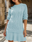 FJØRNA white mini dress with cable knit and chiffon patchwork design, featuring long sleeves and a stylish mini length.