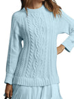 FJØRNA white cable knit chiffon patchwork mini dress with long sleeves and a relaxed fit on a model.