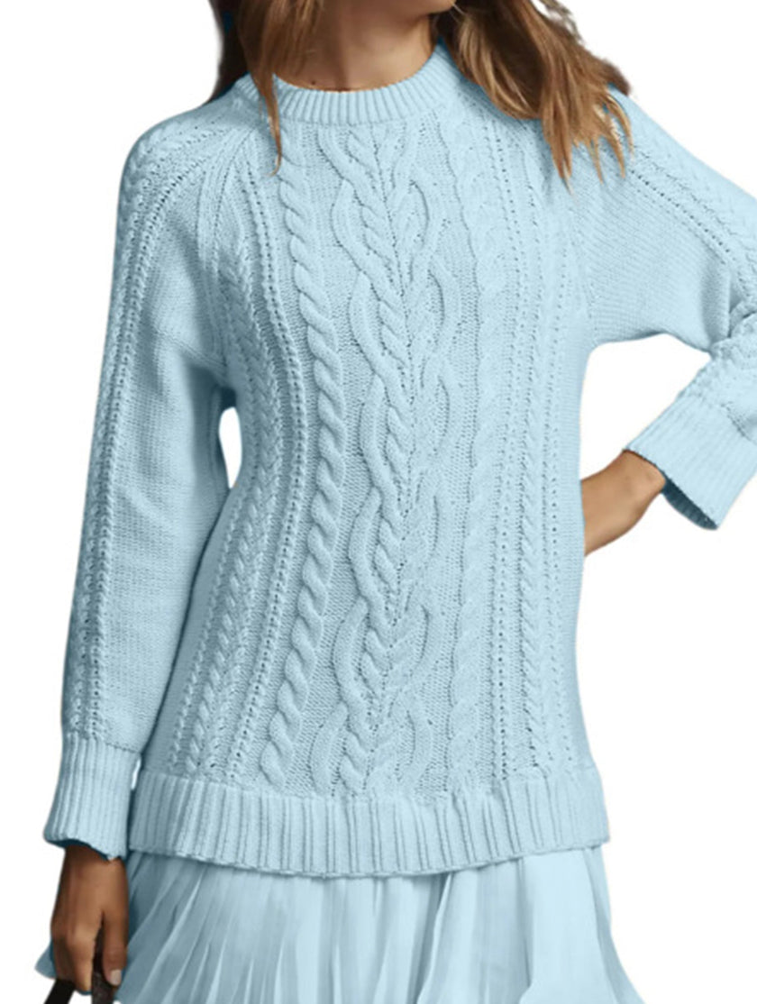 FJØRNA white cable knit chiffon patchwork mini dress with long sleeves and a relaxed fit on a model.