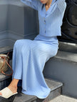 Blue Versatile V-neck cardigan slim maxi dress by FJØRNA, featuring a flowy silhouette and elegant design.