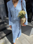 FJØRNA white maxi dress with V-neck, slim fit, in a versatile design, shown in a blue color variant with flowy fabric.