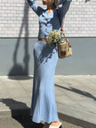Blue Versatile V-neck cardigan slim maxi dress by FJØRNA, featuring a flowing maxi silhouette and elegant V-neck design.