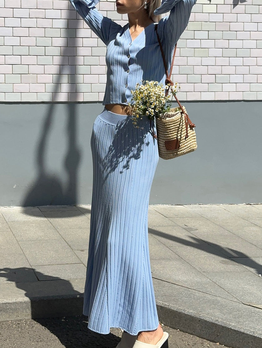 Blue Versatile V-neck cardigan slim maxi dress by FJØRNA, featuring a flowing maxi silhouette and elegant V-neck design.