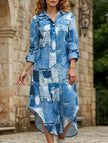 FJØRNA denim print button-down shirt dress in white, featuring a casual fit and classic collar, displayed on a hanger.