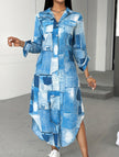 FJØRNA denim print button-down shirt dress in white, featuring a casual fit and denim pattern, shown on a model.