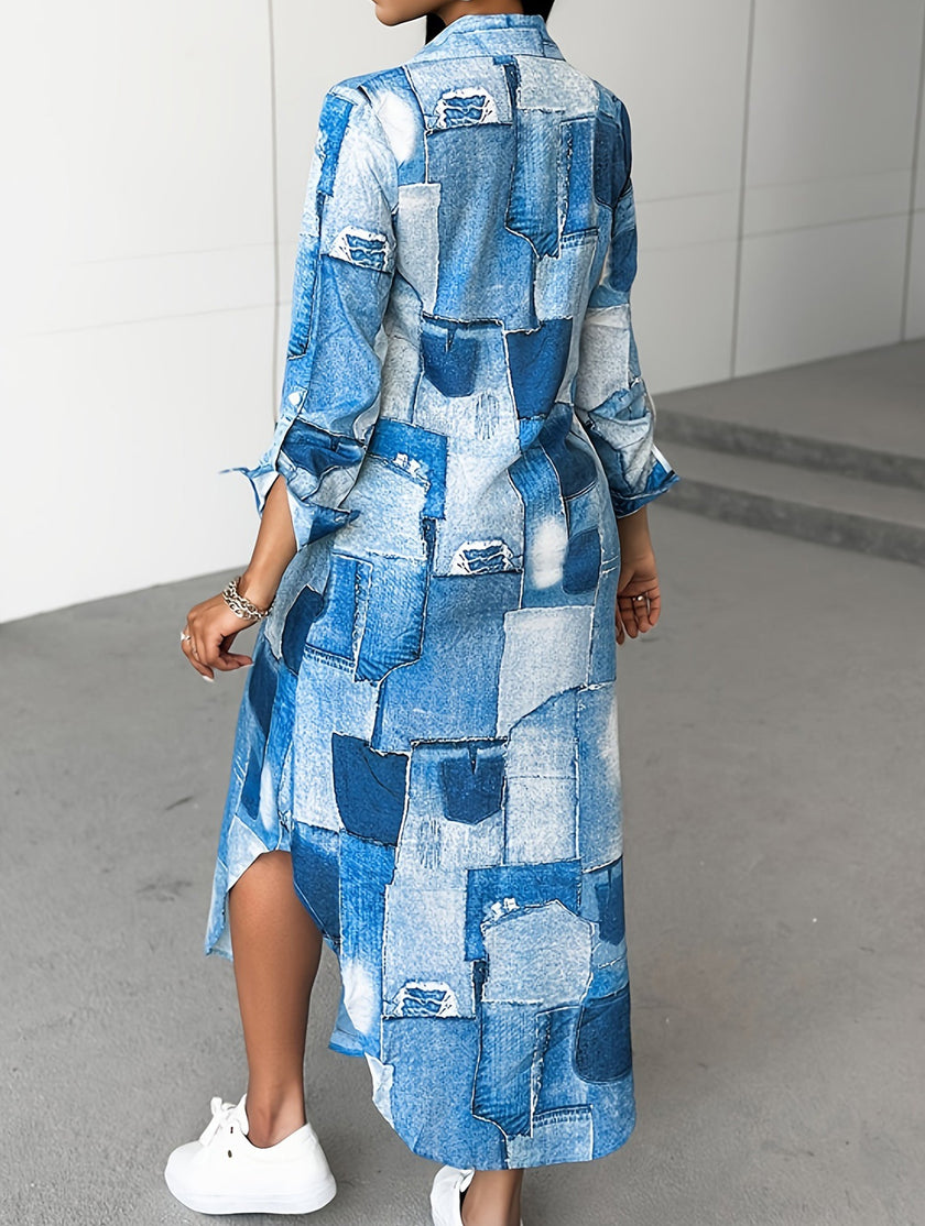 FJØRNA denim print button-down shirt dress in white with blue denim pattern, casual and stylish for everyday wear.