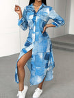 FJØRNA denim print button-down shirt dress in white, featuring a casual style with a classic collar and long sleeves.