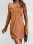 White FJØRNA loose solid long sleeve T-shirt dress hanging on a rack, showcasing casual, comfortable dress style.