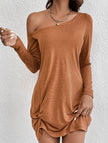 White FJØRNA long sleeve T-shirt dress, loose solid fit, casual style, shown on a hanger against a plain background.